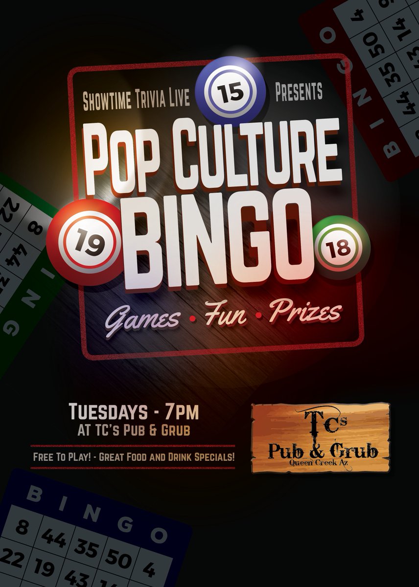 RealSTLive's tweet photo. Another #TriviaTuesday and Pop Culture Bingo night! Free to play - Shows start at 7pm!
#Trivia: 
@DraftGrill  - Mesa
Catching Flights - Gilbert

#PopCultureBingo: 
@TCspubGrub1  - Queen Creek https://t.co/QctCNP8RGB