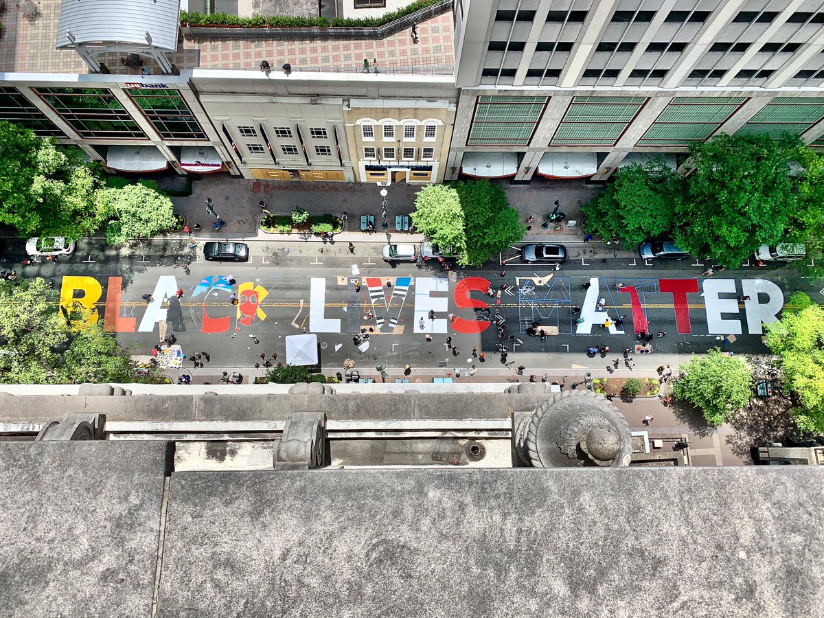 In-progress aerial photo of a new mural in #Uptown Charlotte #BLM