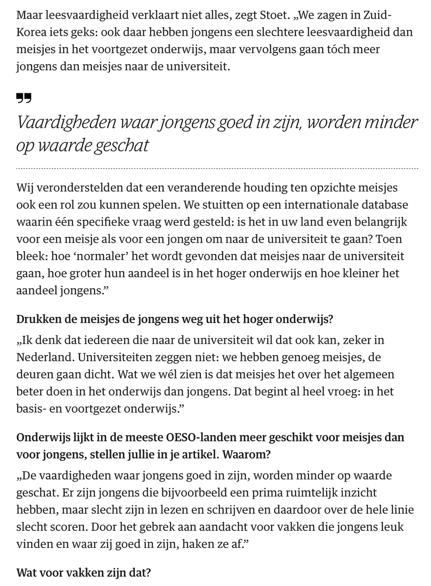 JelleJolles's tweet photo. Leesvaardigheid van jongens blijft achter; mede daardoor stromen ze minder door naar het hoger onderwijs. Stimuleer hen in taalvaardigheid en maak duidelijk wat er van ze wordt verwacht (want zelf regie nemen werkt nog niet voor veel jongens). Zie NRC 9/6: https://t.co/s84Vsji4Gz https://t.co/wAl5SglhDo