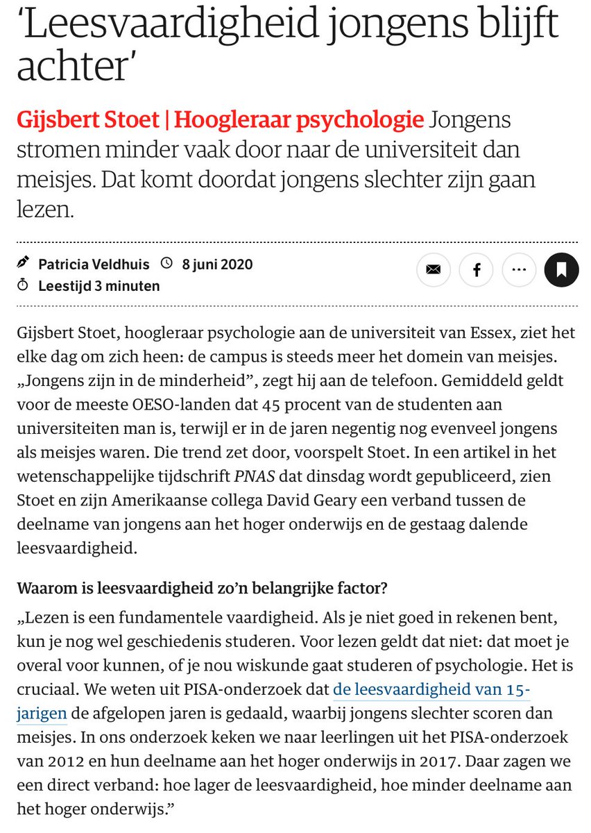 JelleJolles's tweet photo. Leesvaardigheid van jongens blijft achter; mede daardoor stromen ze minder door naar het hoger onderwijs. Stimuleer hen in taalvaardigheid en maak duidelijk wat er van ze wordt verwacht (want zelf regie nemen werkt nog niet voor veel jongens). Zie NRC 9/6: https://t.co/s84Vsji4Gz https://t.co/wAl5SglhDo