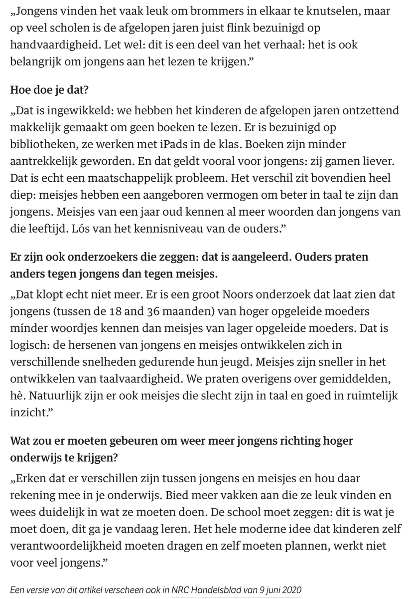 JelleJolles's tweet photo. Leesvaardigheid van jongens blijft achter; mede daardoor stromen ze minder door naar het hoger onderwijs. Stimuleer hen in taalvaardigheid en maak duidelijk wat er van ze wordt verwacht (want zelf regie nemen werkt nog niet voor veel jongens). Zie NRC 9/6: https://t.co/s84Vsji4Gz https://t.co/wAl5SglhDo