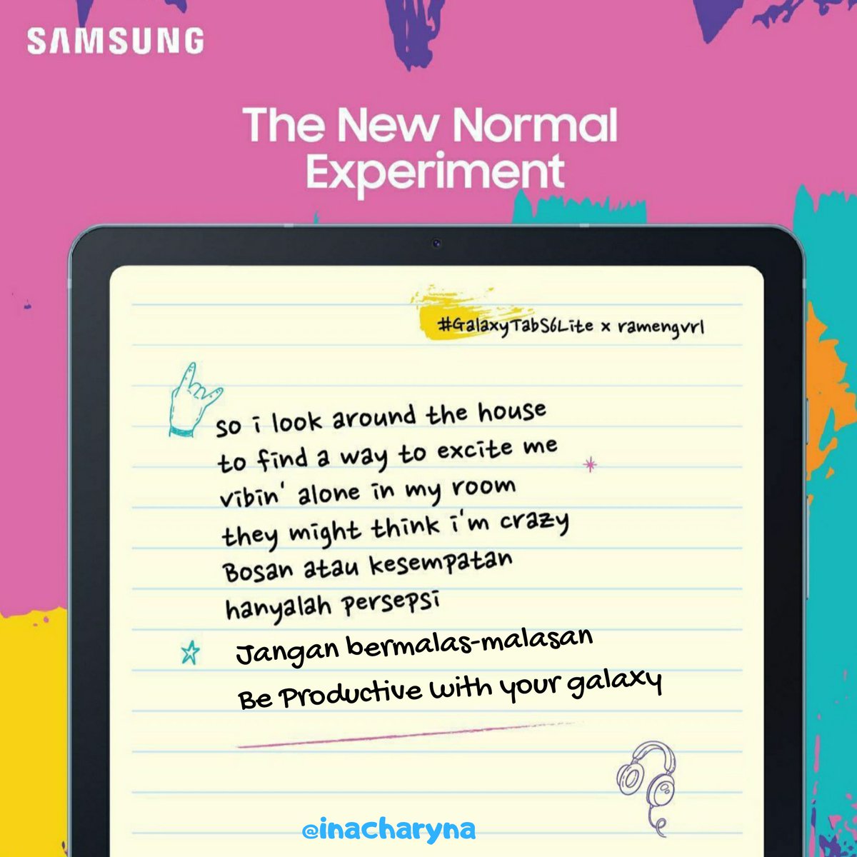 inacharyna's tweet photo. @ramengvrl @samsungID #GalaxyTabS6Lite suka denger lagu? Pengen bikin lagu tapi gak ada ide? Lanjutin lirik yang udah dibikin sama @ramengvrl aja guys. Siapa tau bisa dapet hadiahnya @dewinuiii @fanywijono @fanfaneysa https://t.co/7jMejtJMCw
