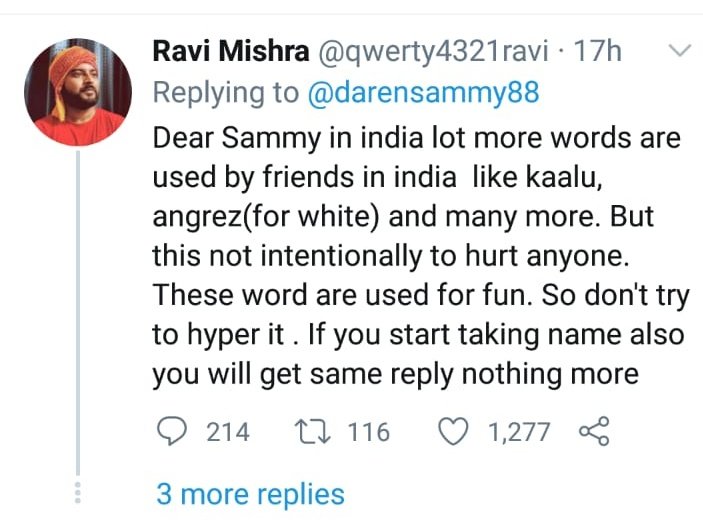 Darren Samy called out racist fellow cricketers, who were making racist slurs from year. Now this Brahmin Supremist justifying a Racist Slur with a fun between friends. I've earlier tweeted about Indian being most racist community in the world.
#BlackLivesMatter