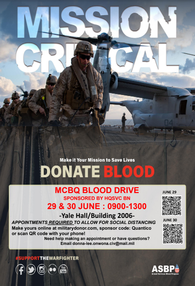 MCB_Quantico's tweet photo. The need is real - can you help?
If you can commit to an appointment, go to https://t.co/jUhOmh0OFM and register.
June 29 or 30, 9 a.m. - 1 p.m.
Yale Hall, H&amp;SBN @MCBQBeast 
#BloodDonation 
@MilitaryBlood @NHC_Quantico https://t.co/1Oa3giTSOu