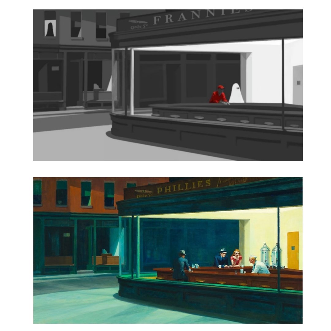 TravisChile's tweet photo. ¿Notaron esta referencia en el video de #aghost? 👻 Una toma inspirada en el famoso cuadro "Nighthawks" del pintor estadounidense Edward Hopper 🎨👨‍🎨 #travis #travistheband #travisband #travischile #music #newalbum #10songs #nighthawks #edwardhopper https://t.co/GDZWk4vtZu