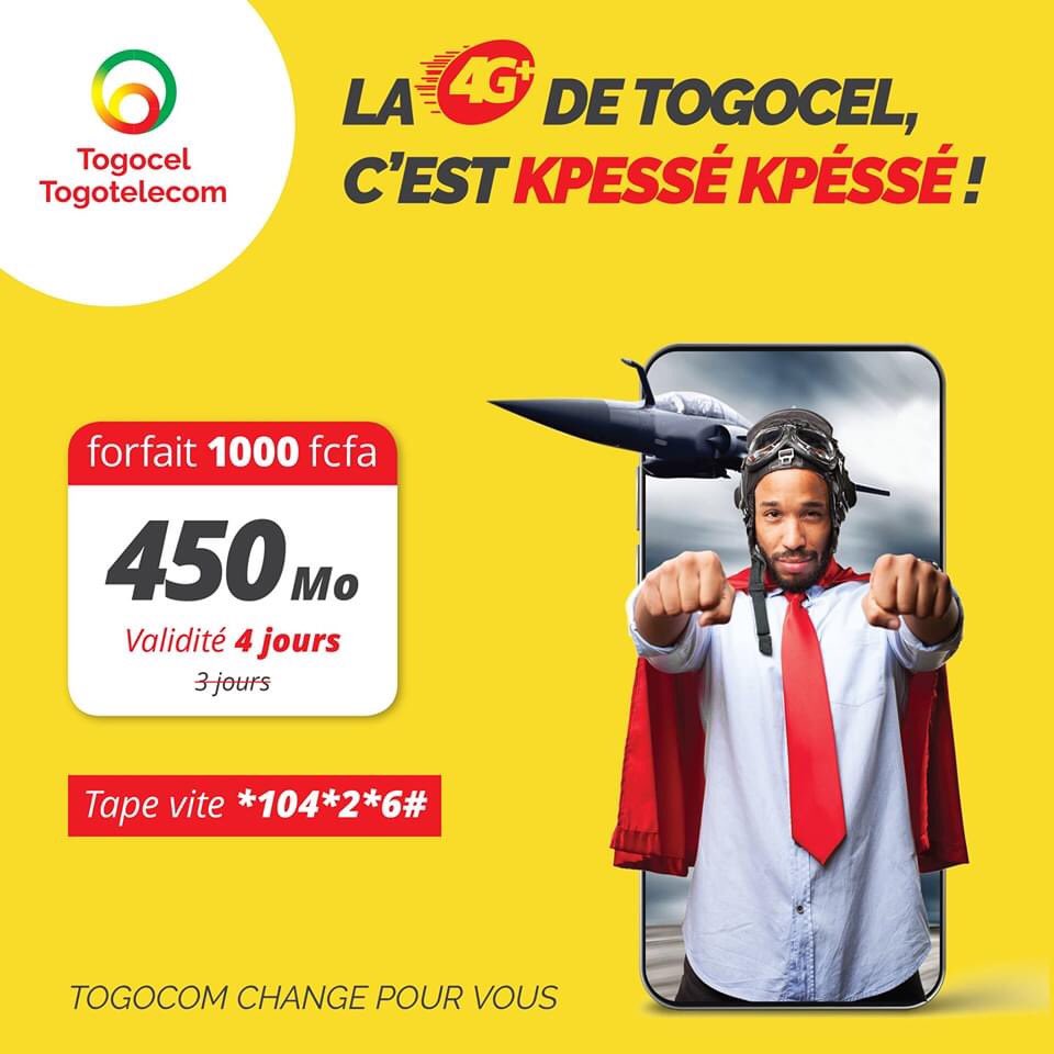 YasTogo's tweet photo. Bonne nouvelle! La validité de ton forfait data 1000 f passe maintenant à 4 jours au lieu de 3 jours.
Tape vite #104*2*6# et fais le plein de recharges !
Togocom change pour vous.
#Togocom, #Togocel, #TogoTelecom, #4G https://t.co/PkAYlQ7QhL