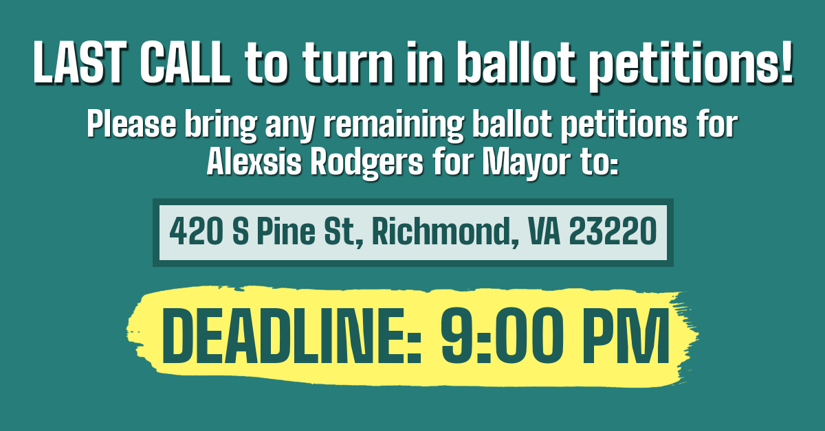 Hey y'all -- if you still have signed ballot petitions for the campaign, please bring them to 420 South Pine Street by 9pm! It's really important we get every single signature in -- please share with friends!