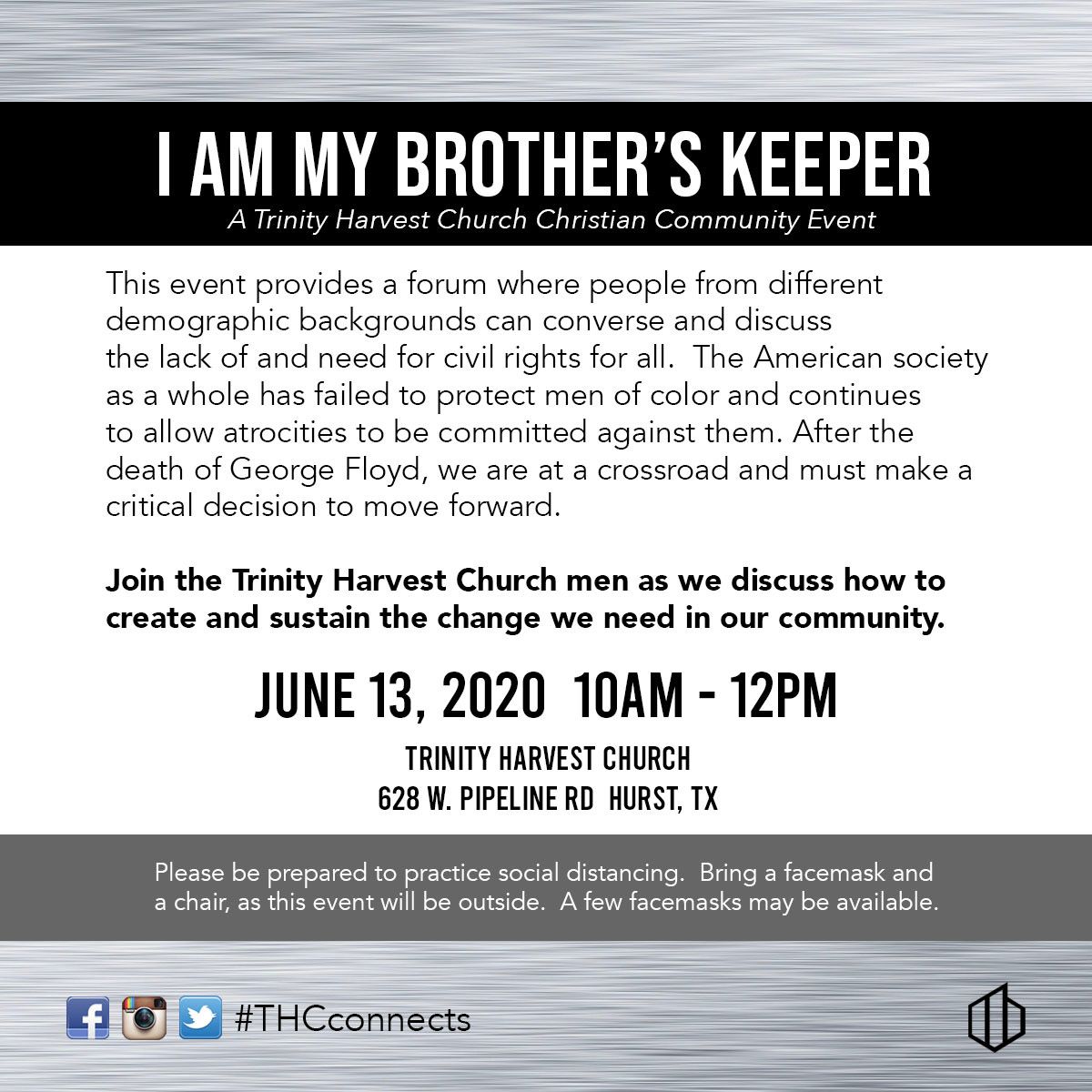THCconnects's tweet photo. ๐ฃCalling All Men ๐ฃ Come be apart of the conversation that will minister change.
This Saturday, 10am -12pm.
We are asking that you wear your mask and bring a chair.
#stayconnected #thcconnects https://t.co/wgKLbGdrCg