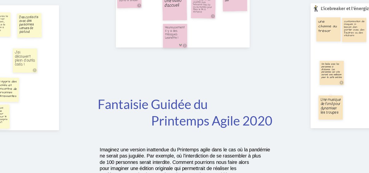 agilenormandie's tweet photo. Merci à tout·s les participant·e·s à cette Fantaisie Guidée du (futur) Printemps Agile 2020, les idées ont fusé de partout 👏🎉
Rdv en juillet pour notre 3e Meetup Agile en ligne ;)
#PAgile #agile #normandie https://t.co/bxGdp5YP9G