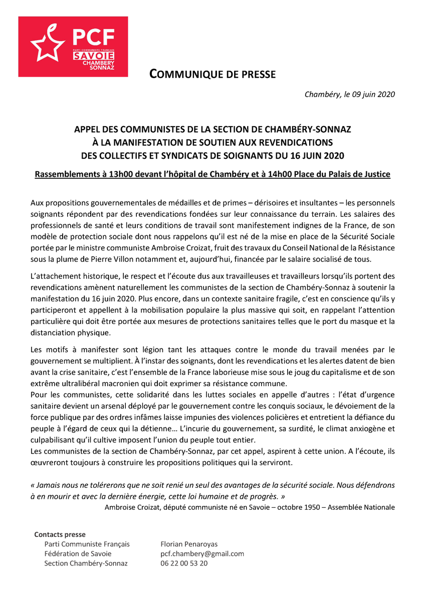 APPEL DES COMMUNISTES DE LA SECTION DE CHAMBÉRY-SONNAZ À LA MANIFESTATION DE SOUTIEN AUX REVENDICATIONS DES COLLECTIFS ET SYNDICATS DE SOIGNANTS DU 16 JUIN 2020
Rassemblements à 13h00 devant l’hôpital de Chambéry et à 14h00 Place du Palais de Justice