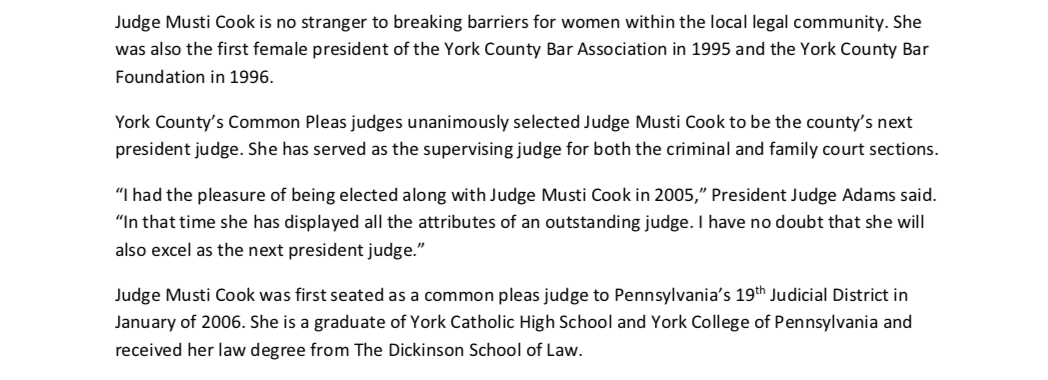 PACourts's tweet photo. Congratulations Hon. Maria Musti Cook - @yorkcountypa's first female President Judge! https://t.co/dDHBg2mdgj