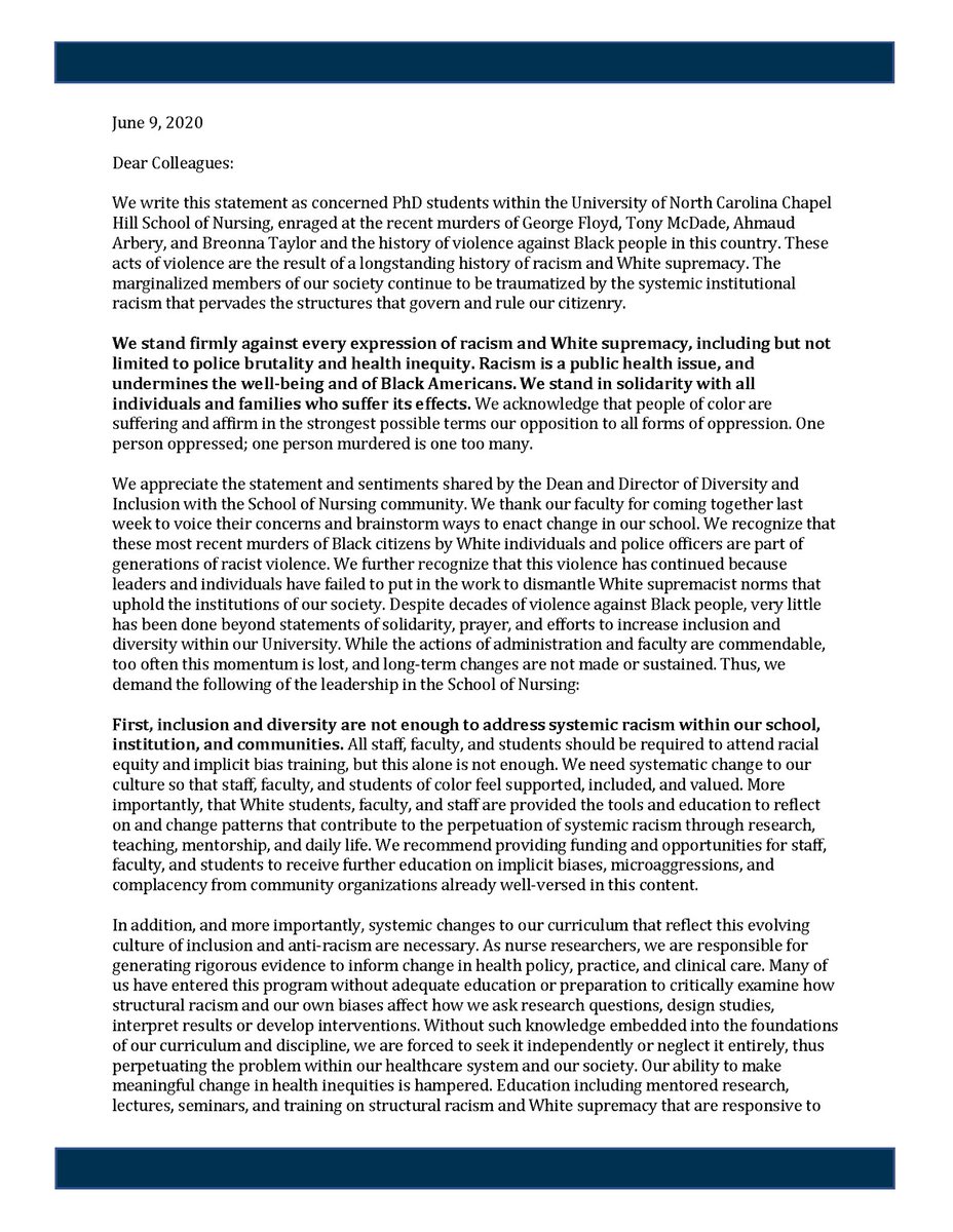AnnaMatthewsRN's tweet photo. “We stand firmly against every expression of racism and White supremacy... Racism is a public health issue.” As UNC School of Nursing PhD students we commit to anti-racism work and demand the same from our school. @UNCSON #RacismIsAPublicHealthCrisis https://t.co/xBcRXdm7k5