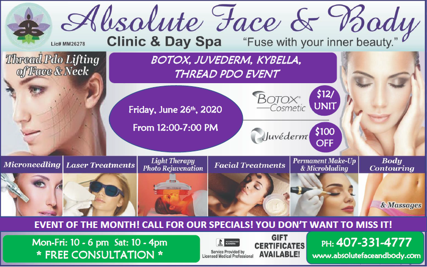 AbsoluteFB_Spa's tweet image. Come and join us at our Botox, Juvederm, Kybella, Thread PDO Event on Friday, June 26th from 12 p.m to 7 p.m
Great deals in all services.
Call (407) 331-4777 to book your appointment now.
Space is limited! 
Enjoy our all month specials!