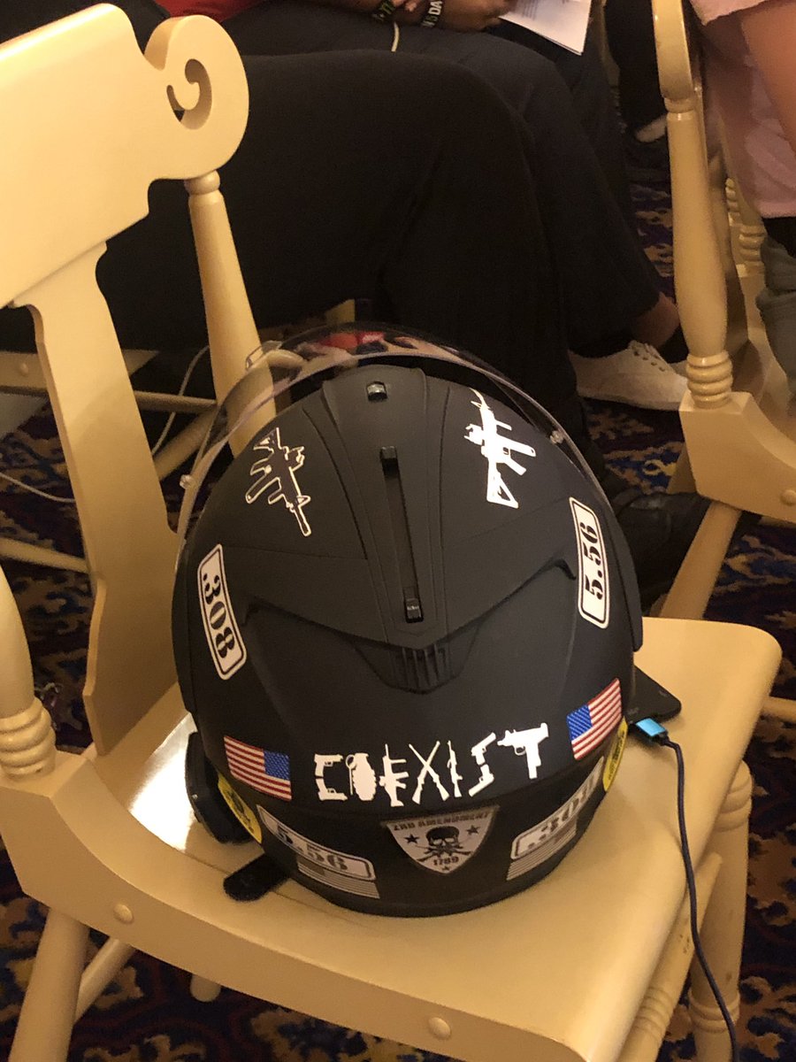 potusmode's tweet photo. Chris Dorr left his helmet in his chair while he’s out of the hearing room... I don’t think he got the memo. #StandYourGoundBill #HB381. https://t.co/7qC7XMKS27