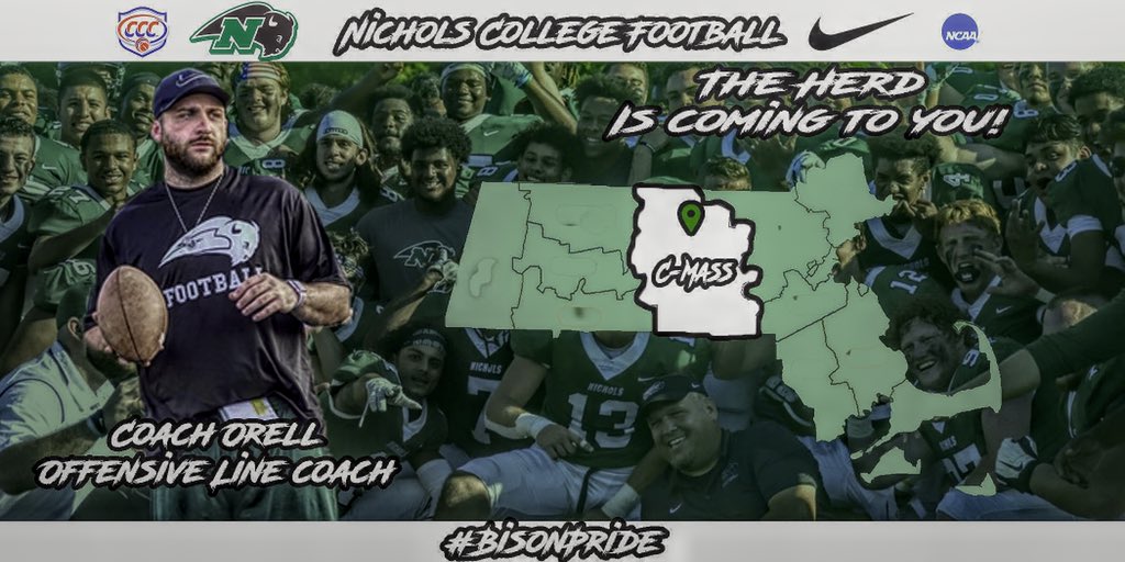 NicholsBisonFB's tweet photo. Calling all of our CT and CMass future Bison! Be sure to give the Offensive Line Coach of Nichols College football a follow! @coach_orell 

Be sure to keep checking in this week to find out who your recruiting coach is! https://t.co/zTN43yz3bs