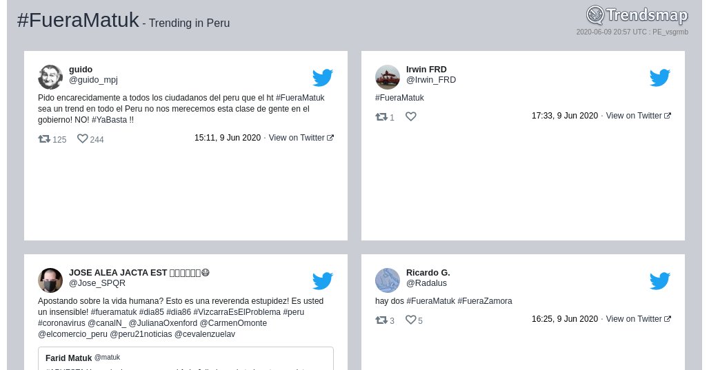 TrendsmapPeru's tweet photo. #fueramatuk es ahora una tendencia en Peru
https://t.co/yYINqOoG7t https://t.co/GcLlyHmn4s