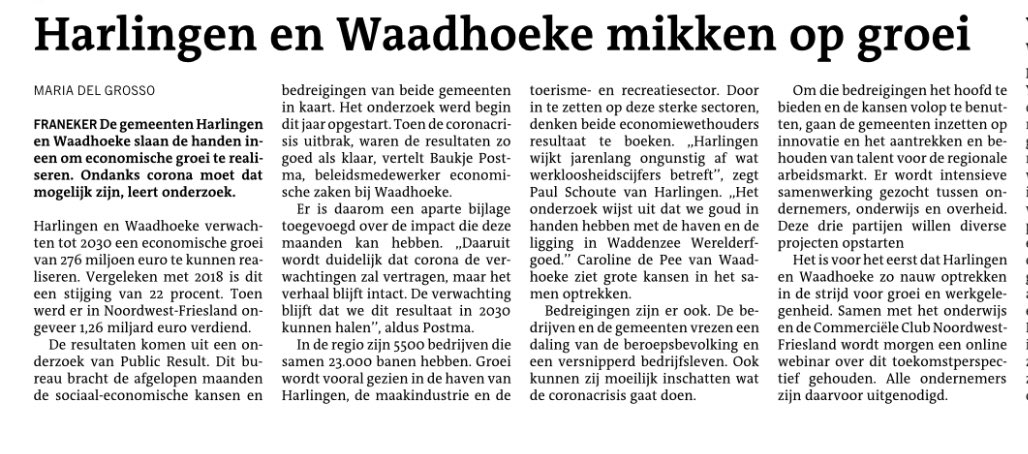 Mooi dat de <a href="/lc_nl/">Leeuwarder Courant</a> vandaag aandacht besteedde aan de SWOT analyse van @Waadhoeke en <a href="/Gem_Harlingen/">Gemeente Harlingen</a> . Woensdag houden we er een webinar over! Welkom!