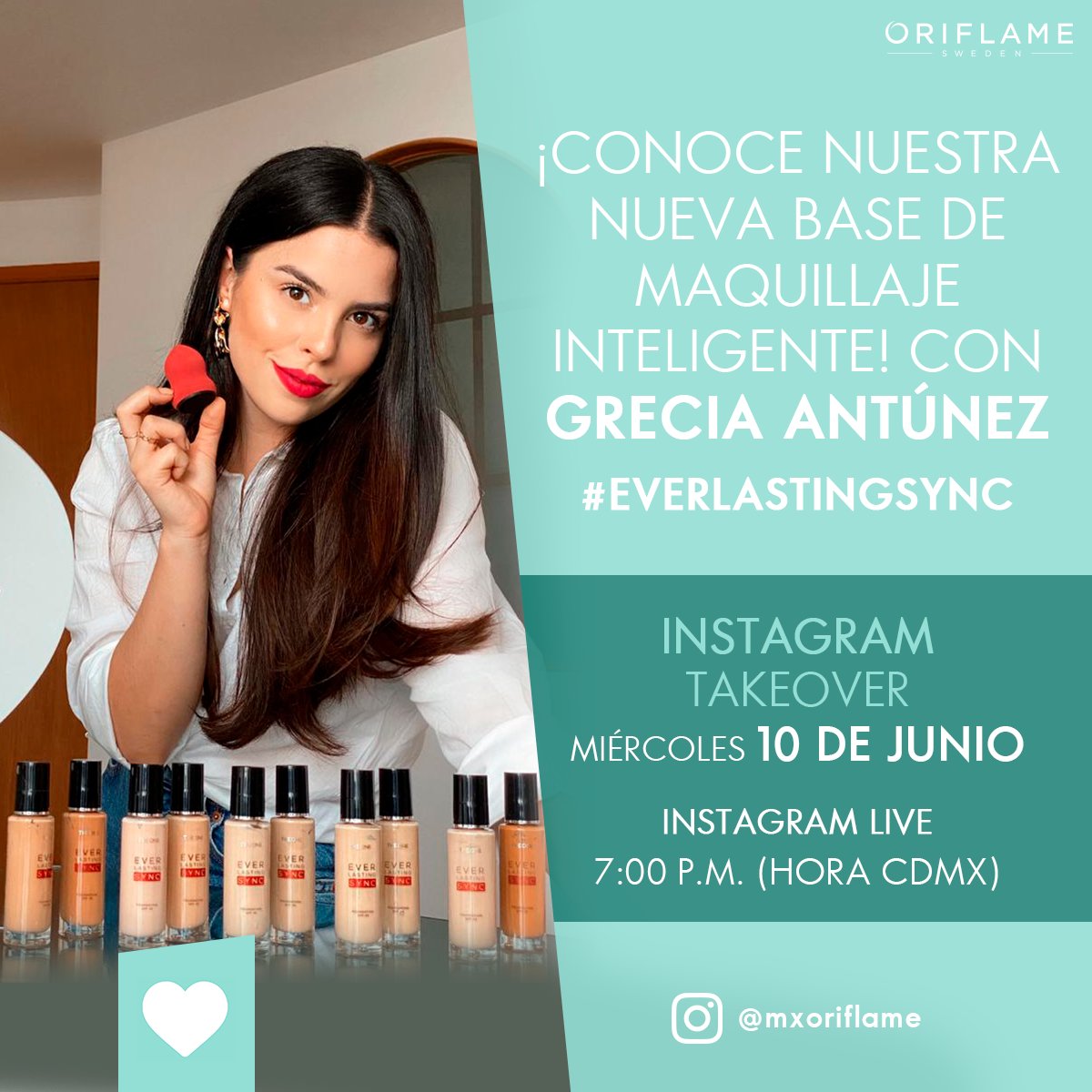 OriflameMexico's tweet image. ¡No te pierdas el Takeover con Grecia Antúnez donde presentaremos la Base de Maquillaje Everlasting Sync FPS 30.

Te esperamos este miércoles 10 de junio y a las 7:00 PM (Hora CDMX) para el Instagram Live donde resolveremos tus dudas.
#EverlastingSync