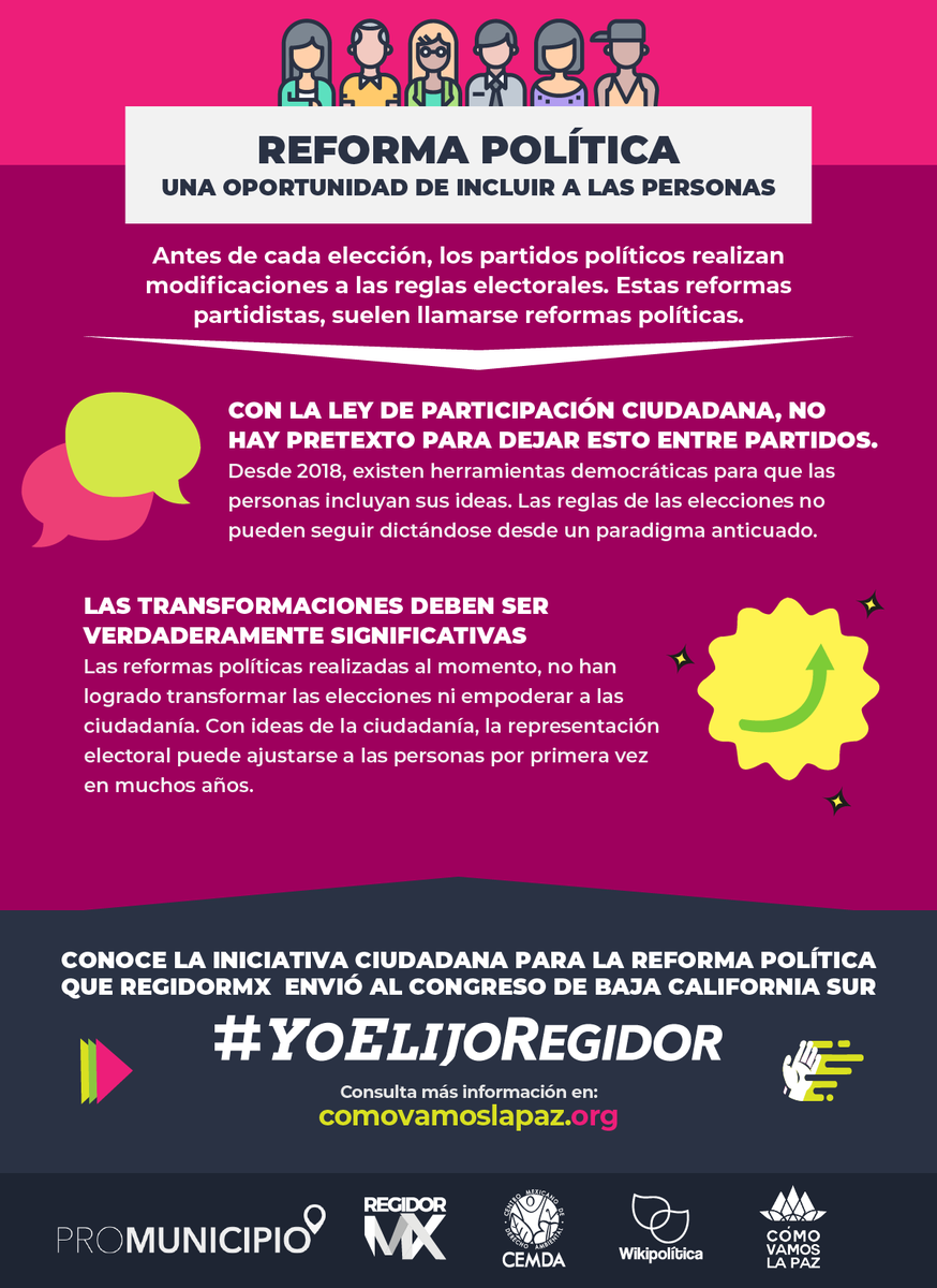 Reforma Política, una oportunidad para incluir a las personas.

Las personas en #BajaCaliforniaSur merecemos mejores representantes. Conoce las alternativas que trabajamos fuera de los partidos y desde la ciudadanía.

#YoElijoRegidor

Más información en comovamoslapaz.org