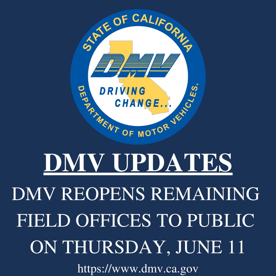 KansenChu's tweet image. #DMVUpdates: Starting Thursday, June 11, @CA_DMV will reopen 169 remaining field offices to the public. Field offices will assist customers with current appointments at the specific office and limited transactions that require an in-person visit. bit.ly/2MIzE4p.