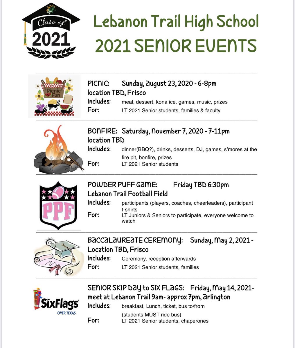 Magabys's tweet photo. LT 2021 Seniors and Families, mark your calendars!! Yes, we have dates set🎉🎉 Ticket Sales for events will be coming soon!!! @LebanonTrailHS @LTHS_Cheer @LTHSSeniors https://t.co/YcMFLl2UFg