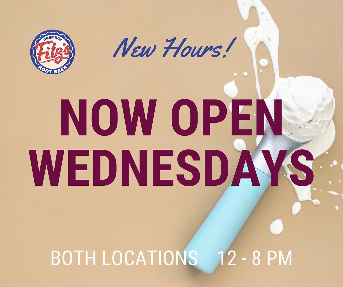 Now open on Wednesdays from 12-8 PM; both locations. Visit fitzsrootbeer.com if you'd like to reserve a spot for dine-in or patio! Walk-ins welcome. South County is also continuing with Carhop service for dinner from 4-8 PM. Reservations required. Visit site for details.