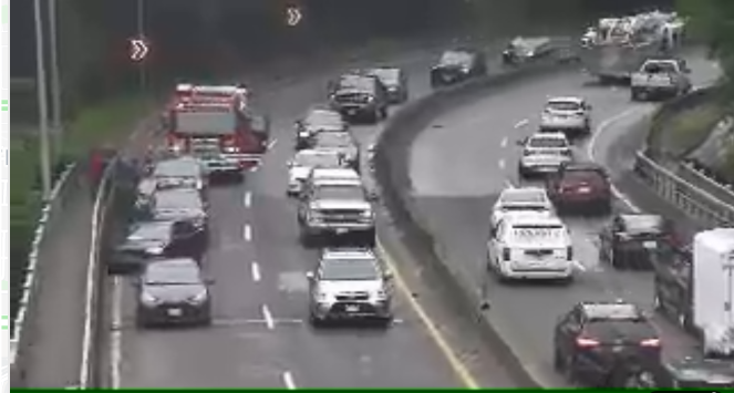 DriveBC's tweet photo. UPDATE #BCHwy1 - Multi-vehicle incident has the right lane blocked EB on the #CapilanoRiver bridge in #WestVan. Emergency crews on scene, drive carefully. Expect heavy delays and congestion. #NorthVan #CapRiver #YVR https://t.co/YGDQCMM9DL