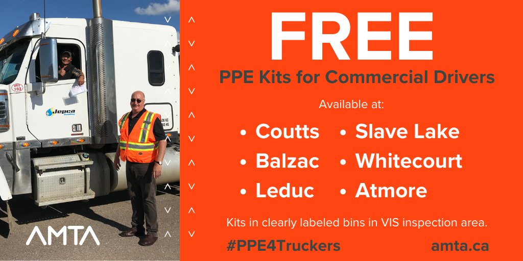 AMTA_ca's tweet photo. REMINDER: For drivers within or passing through #Alberta, #PPE4Truckers available at the below VIS. Thank you for all you do to #keepitmoving in the province and stay safe. https://t.co/BpyksaDaHM