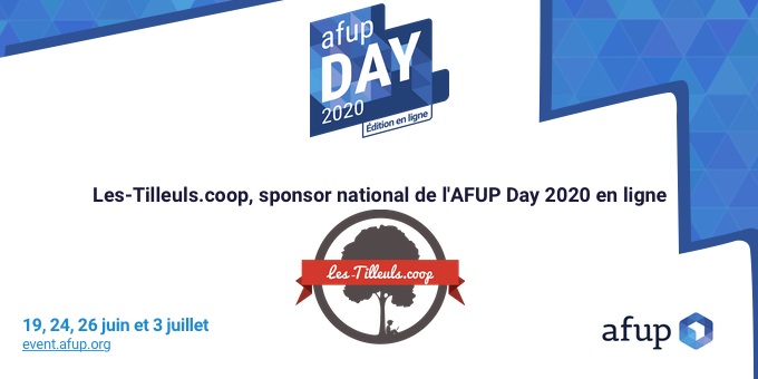 Enfin ! Cette semaine marque la tenue de l’AFUP Day 2020, rdv vendredi pour écouter les speakers de l’édition nantaise !
Merci Les-Tilleuls.coop de nous avoir soutenu jusqu’au bout
🏆<a href="/coopTilleuls/">Les-Tilleuls.coop</a>, sponsor national de l’AFUP Day 2020 - édition en ligne, 19-24-26/06 et 3/07