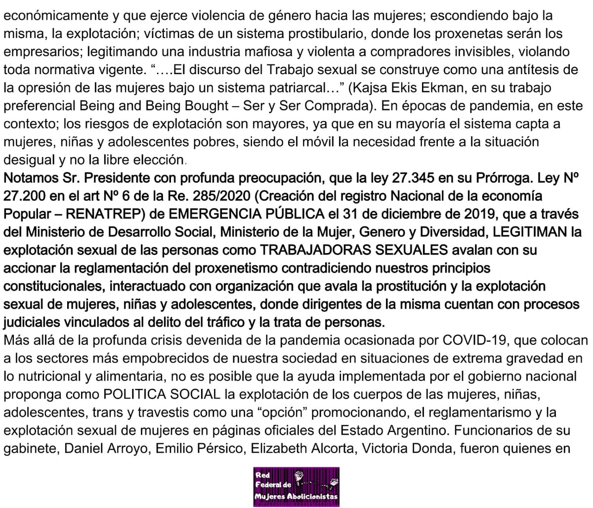 RedFederalMA's tweet photo. CARTA ABIERTA AL SR. PRESIDENTE DE LA NACIÓN ARGENTINA ALBERTO FERNANDEZ @alferdez

📣Convocamos a todas y todos a adherir a la misma, firmando con nombre y apellido a nuestro mail o vía mensaje directo por este medio.

#LaProstitucionNoEsTrabajo
#BastaDeTrata #NiUnaMenos https://t.co/V6QwUCfMjU