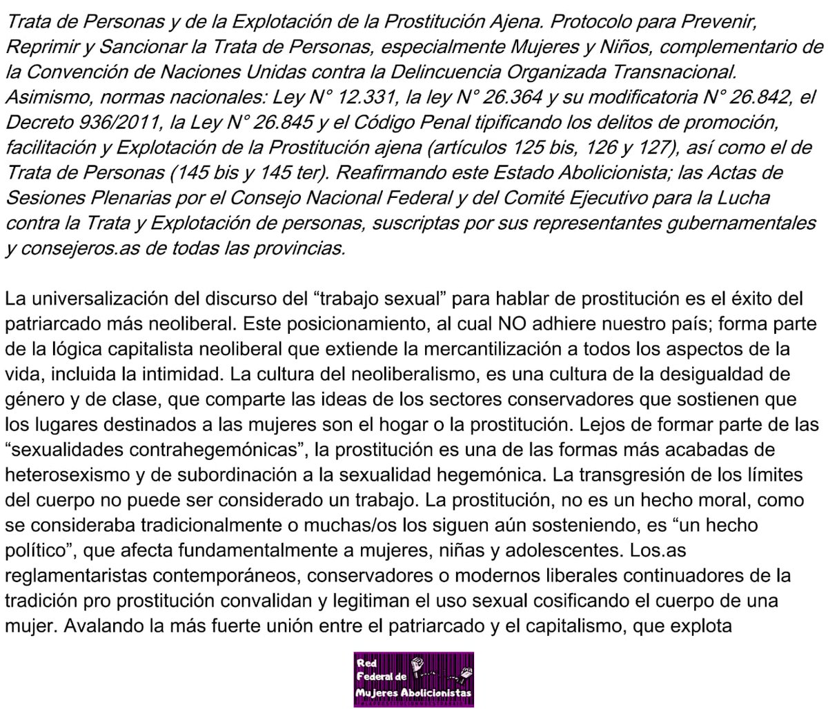 RedFederalMA's tweet photo. CARTA ABIERTA AL SR. PRESIDENTE DE LA NACIÓN ARGENTINA ALBERTO FERNANDEZ @alferdez

📣Convocamos a todas y todos a adherir a la misma, firmando con nombre y apellido a nuestro mail o vía mensaje directo por este medio.

#LaProstitucionNoEsTrabajo
#BastaDeTrata #NiUnaMenos https://t.co/V6QwUCfMjU