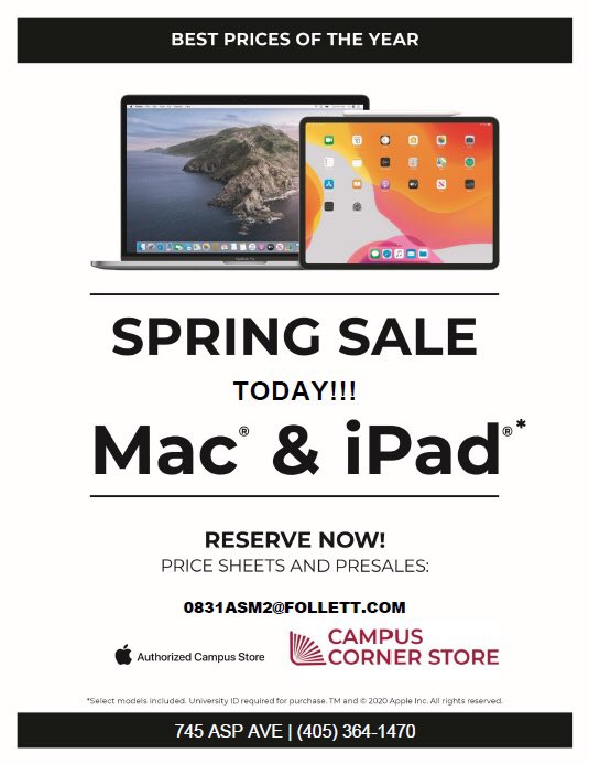 OU_Bookstore's tweet photo. Don’t forget to join us for our Spring Sale through Wednesday!!! Additional savings on our already low education priced MacBooks and iPads. All university faculty, staff, students and alumni are eligible. #Apple #MacBookPro #MacBookAir #iPad #ipadpro 💻 https://t.co/Nu6xhuclCk