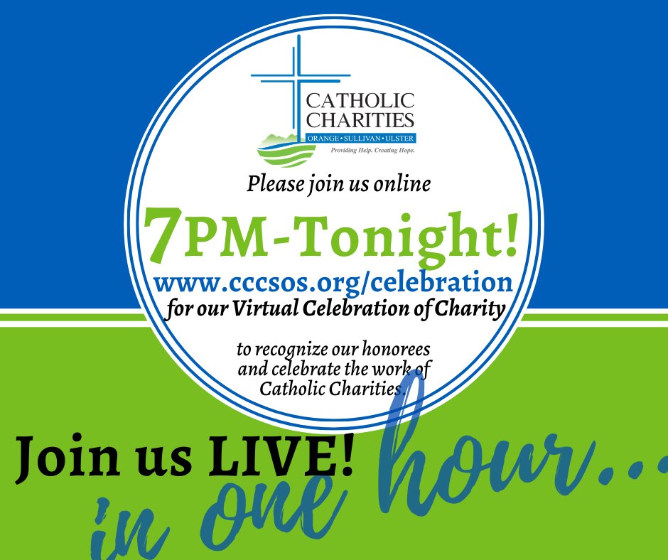 Just 1 hour til our Virtual Celebration of Charity and Caritas Awards Event! Join us at cccsos.org/celebration
Congratulate our honorees - The Bruderhof, Drake Loeb Law, Ellenville Regional Hospital and Tom Kelly. 
#CelebrationofCharity 
#CaritasAwards
#ProvidingHelpCreatingHope