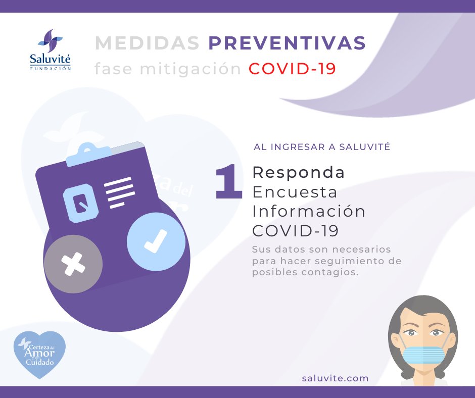 funSaluvite's tweet photo. 😷Al ingresar a nuestra institución llene la encuesta que permite hacer seguimiento en caso de contagio por #COVID19.
Saluvité los especialistas en #Urologia https://t.co/PIY8AA0t3Q