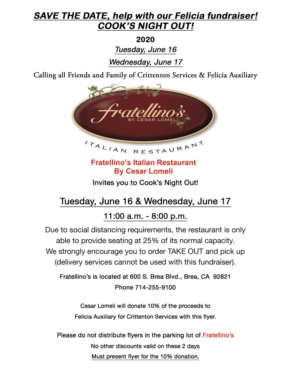 CrittentonSoCal's tweet photo. Everybody is invited to Felicia Auxiliary's Cooks Night Out #fundraiser for Crittenton Services! Order take-out, present this flyer for the 10% donation 💚 

#GreatAmericanTakeout #SupportLocalRestaurants #AllInThisTogether #CommunityPartners https://t.co/MZ0diw8q2U