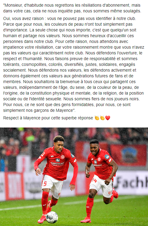 LMDFoot_'s tweet photo. Un fan de Mayence a envoyé une lettre au club où il annonce qu'il résilie son abonnement car il n'arrive plus à s'identifier au club car il estime qu'il y a trop de joueurs noirs dans l'équipe...

Mayence a publié sa lettre sur son site et lui a répondu de manière parfaite 👇👏 https://t.co/sN0dMUVdNl