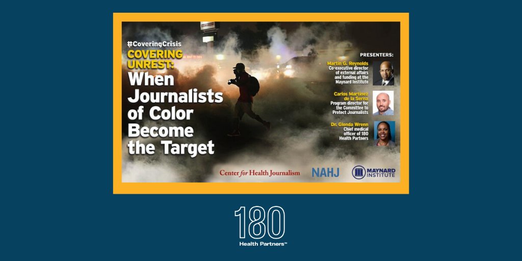 On Wednesday, June 10th, <a href="/180hlthpartners/">180 Health Partners</a>'  chief medical officer, Dr. Glenda Wrenn @glendawrenn will be a guest panelist for the <a href="/ReportingHealth/">USC Center for Health Journalism</a> webinar: 
"Covering Unrest: When Journalists of Color Become the Target."

Register here: bit.ly/2BQC0fr #180healthpartners