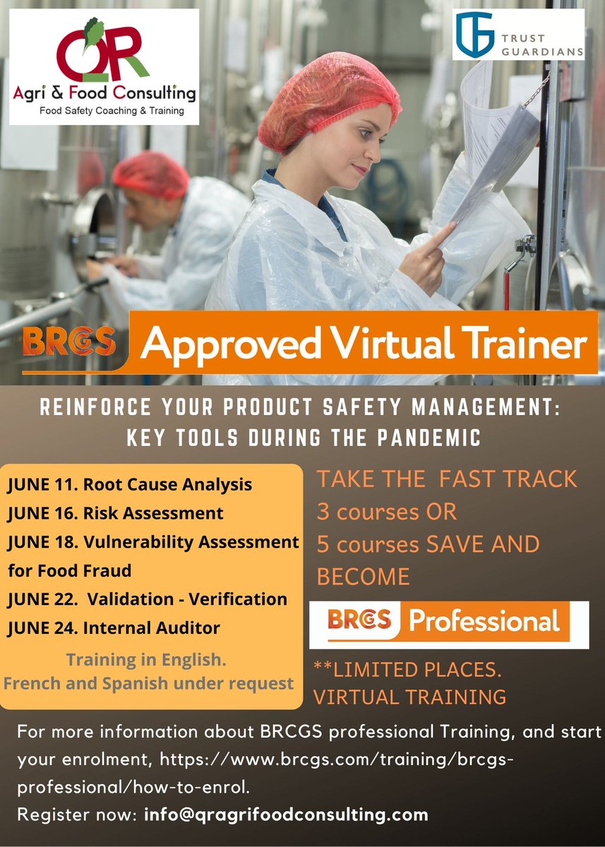 AgriQr's tweet photo. BE prepared during the crisis time with our product Safety Management training. Start in Juin 11, BRCGS official certificate. Great opportunity to become BRCGS Professional. Write to us at info@qragrifoodconsulting.com.
Training is available in English, French or Spanish. https://t.co/5FuTkVH82l