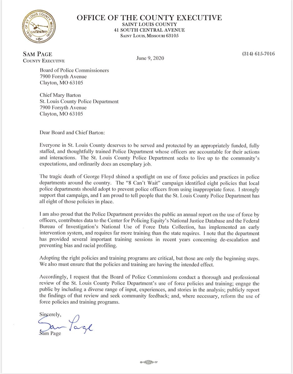 I sent this letter to the Police Board and Chief Mary Barton today. <a href="/stlcountypd/">St. Louis County PD</a> already has the #8CantWait policies, but we must make sure that the right training is in place and that the policies are followed. That's why I've signed <a href="/BarackObama/">Barack Obama</a>’s commitment to action.