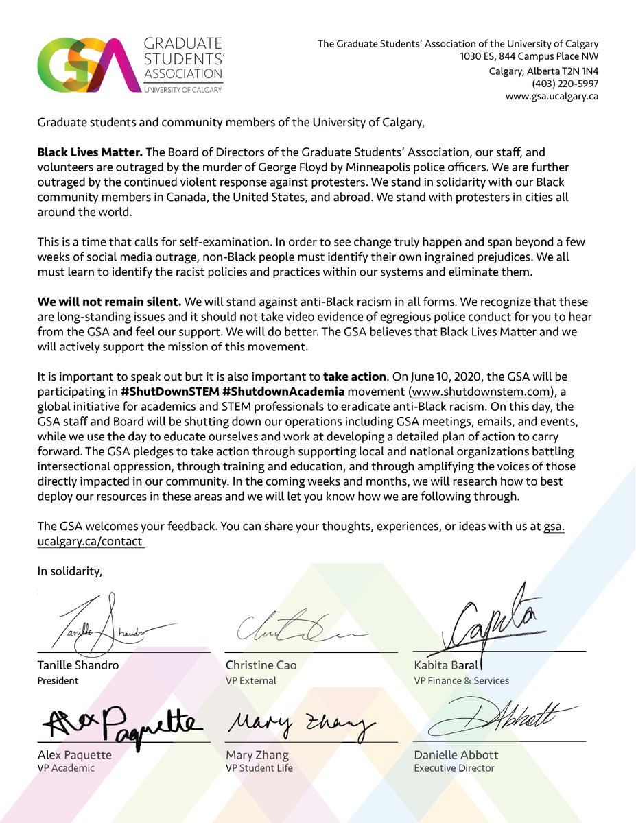 Black Lives Matter. The GSA stands in solidarity with the black communities in the U.S., Canada and around the world. We have zero tolerance for racism &amp; are committed to advocating for equity for all. Read the full GSA Black Lives Matter Statement here: gsa.ucalgary.ca/gsa-black-live…