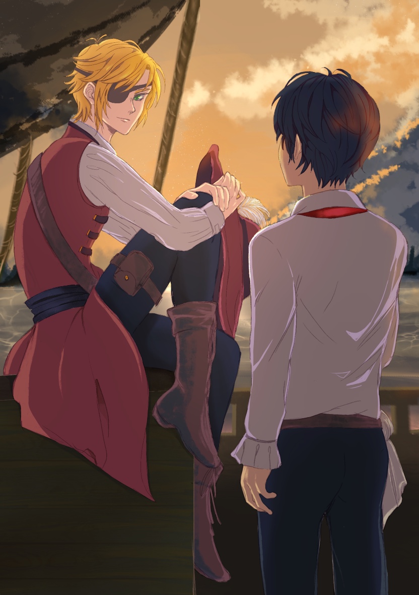 rainphones's tweet photo. Happy posting week! Can't believe this is my 2nd year participating in #BananaFishRBB 💖

💫The Lonely Sea and the Sky
written by @Tchaikovsky1813 ✨ // art by me
➡️https://t.co/wIKp2wkd4X

It's pirates' time!🏴‍☠️🦜 #BANANAFISH https://t.co/vBMzeGy8xk