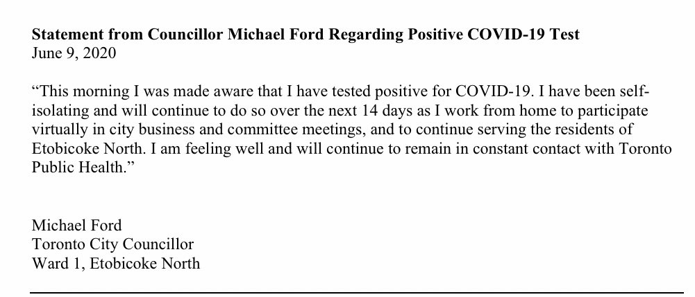 NEW: Toronto City Councillor Michael Ford, nephew of Premier Doug Ford, has tested positive for COVID-19. 

#onpoli #topoli