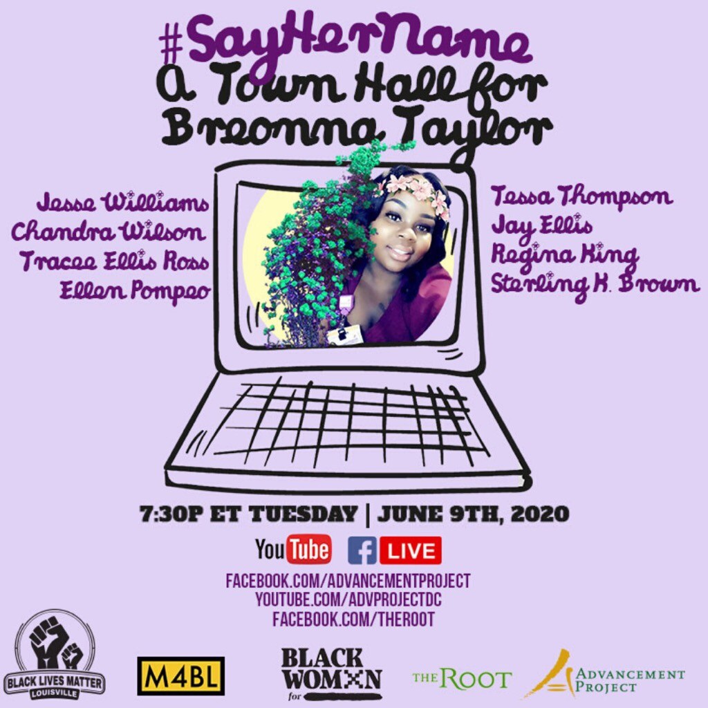 BLMLouisville's tweet photo. Join us in one hour on fb live and youtube for #SayHerName: A Town Hall for #BreonnaTaylor. 7:30PM ET

Hosted with:
@BlackWomxnFor 
@Mvmnt4BlkLives 
@TheRoot 
@adv_project https://t.co/lbp18XHkNa