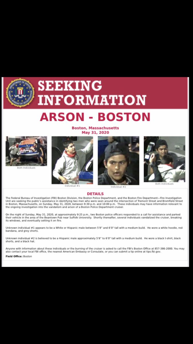 FBI looking to locate these guys in connection with the torching of a Boston Police cruiser during the rioting in Boston last week #7news