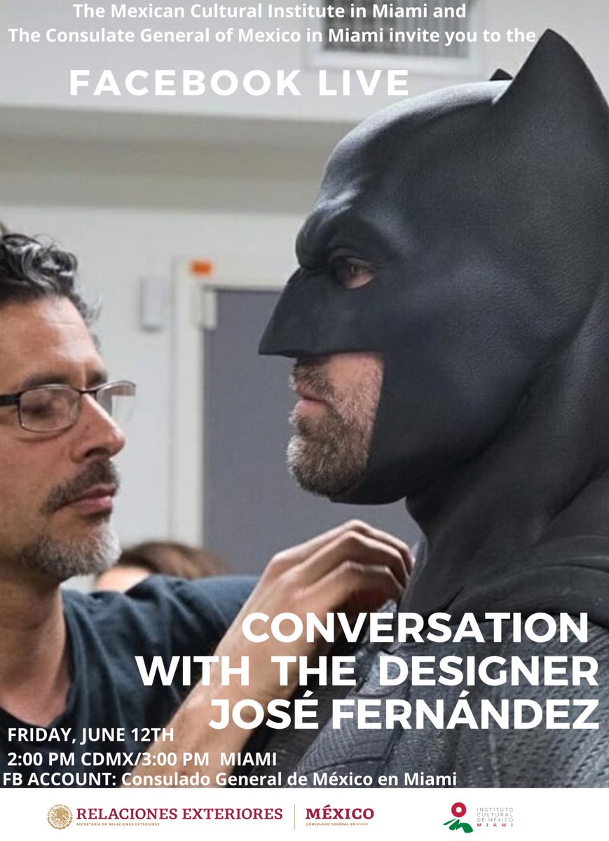 ConsulMexMia's tweet photo. Este viernes 12 de junio, el Cónsul General @JchaitA conversará a través de facebook live con el diseñador José Fernández, fundador de @IronheadStudio. Platicarán sobre su trayectoria y diseños para la industria cinematográfica 🎥. https://t.co/4epJ479LlQ