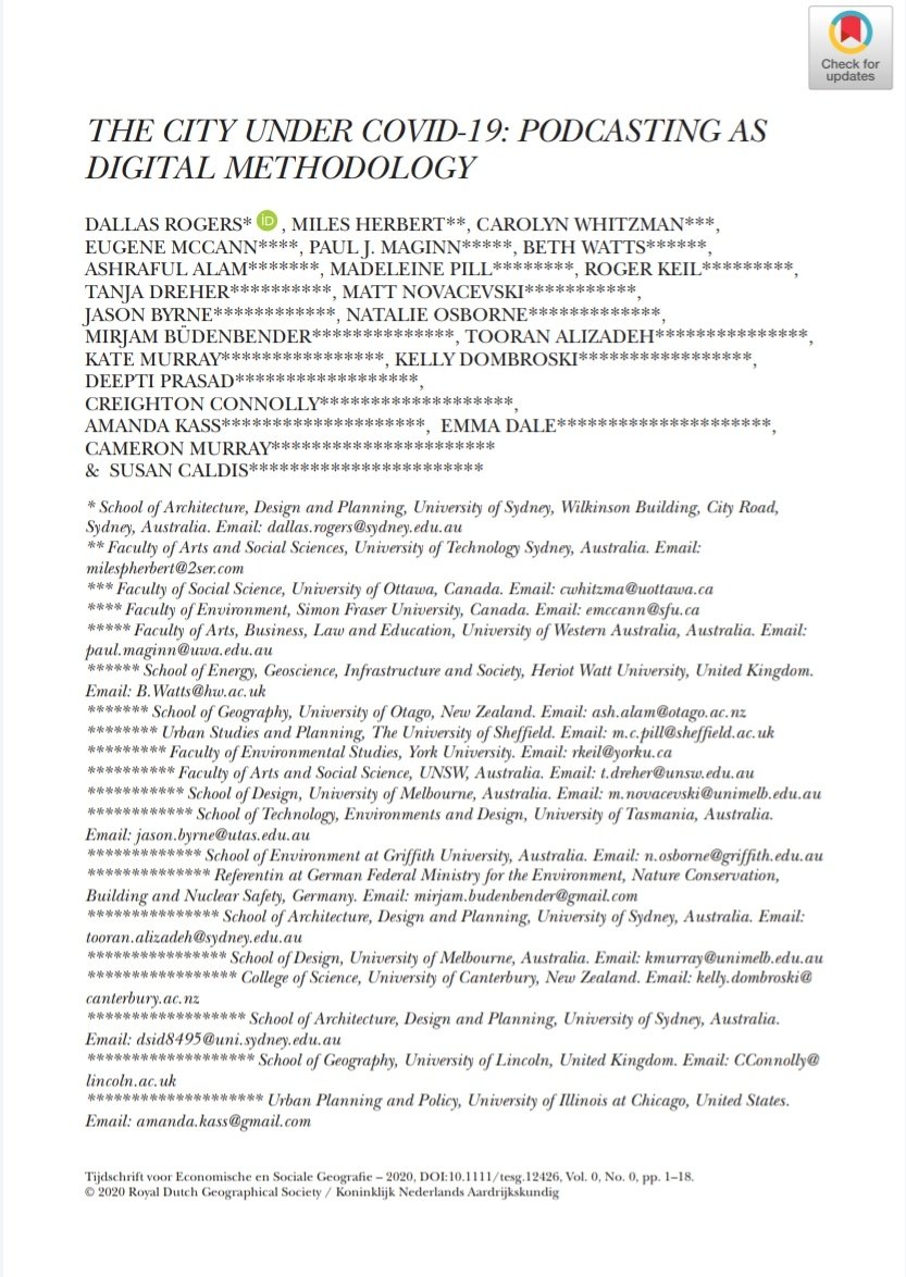 GeoPlan_UWA's tweet photo. R colleague @planographer is co-author with 22 (yes 22!) co-authors on this paper on #Covid19 #Podcasting and #digitalmethods. 1/2
@DallasRogers101
@MilesPHerbert
@CWhitzman
@EJMcCann
@BethWatts494
@urbanmargin
@pillmad
@rkeil
@TanjaDreher https://t.co/ObkUXMpFlw
