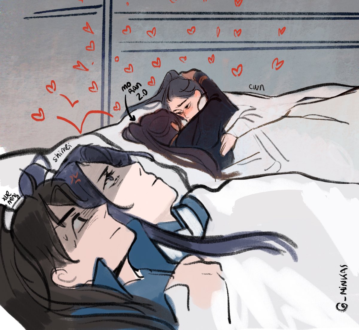_minkas's tweet photo. Ah yes. Us disciples. Our shizun. And that lesser form of a dog who somehow ended up stealing chu wanning's pure golden heart and now can't seem to keep his paws to himself! MO RAN STOP KISSING SHIZUN!!! #2ha https://t.co/yBsqPjEmbJ