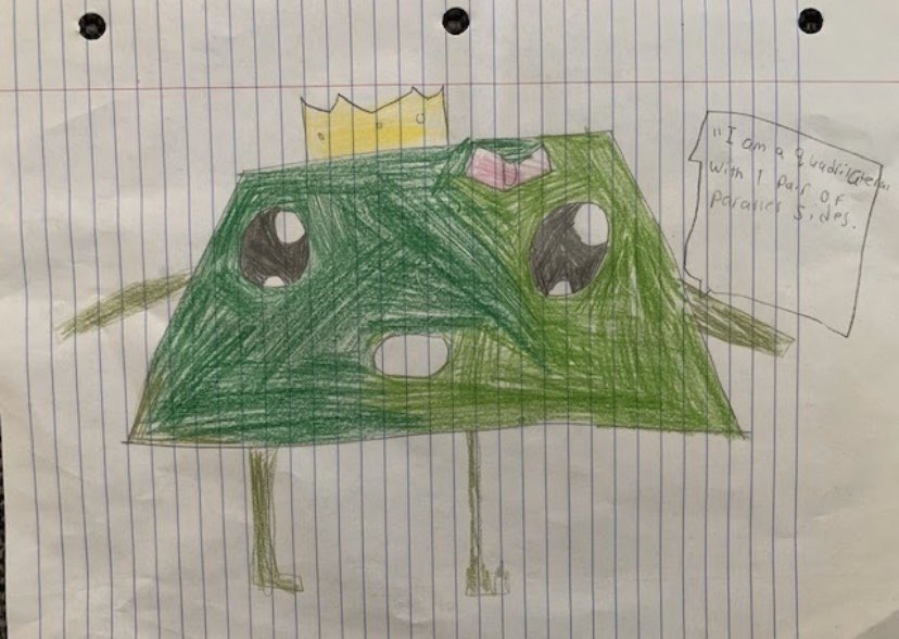MsKelly5678's tweet photo. Showed off our creative talents today while we practiced using quotation marks to describe attributes of quadrilaterals! @teamhillside #NHPGCP #fun #talented #loveit https://t.co/4niU06XtXg