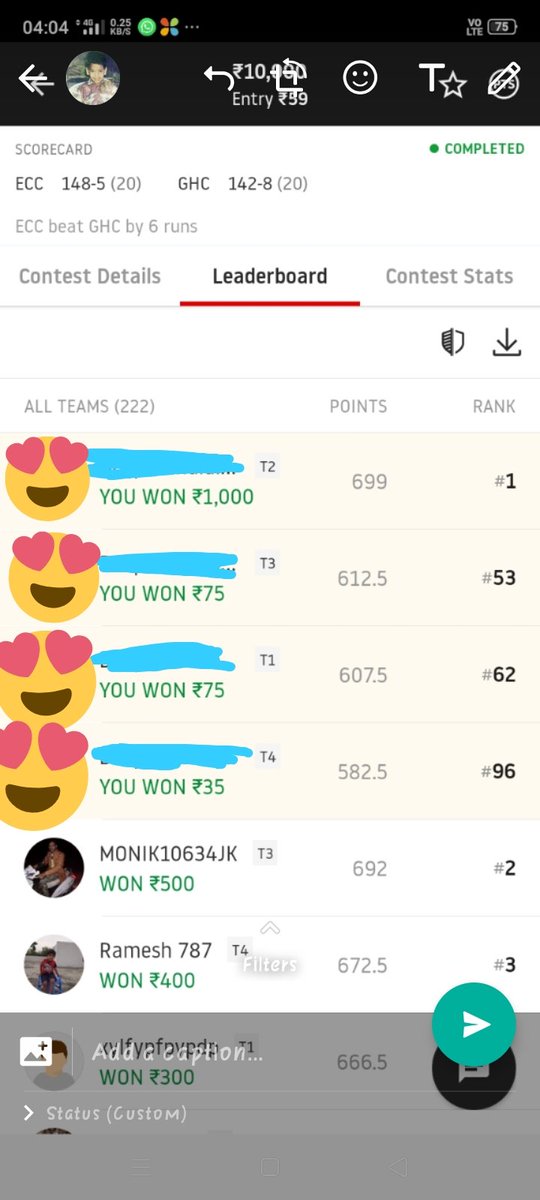 Deepak10111996's tweet photo. @CricInformer  bro thank u bro as per ur prediction I put V.Padhaal as cap and A.Ghaffar as vice cap and won 1000 rs thank u for the prediction.. https://t.co/5ZdItqZfHS