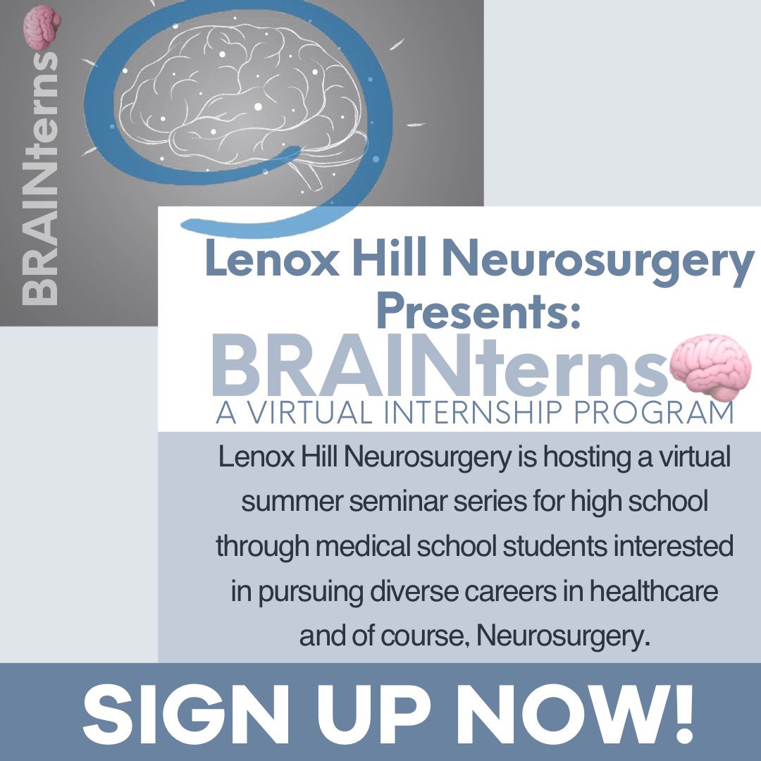 RandyDAmico_MD's tweet image. 🚨CALLING ALL STUDENTS!🚨  Lenox Hill Neurosurgery is launching a Summer Seminar Series. Enrolled #Students will get a broad exposure to a career in healthcare and of course, #neurosurgery 🧠
The #BRAINterns program will begin July 1st. Come along! Link in bio.